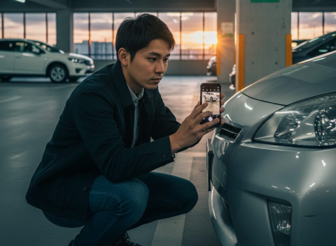地下駐車場でカーシェア車両のフロントバンパーの傷をスマートフォンのカメラで撮影している日本の若い男性。