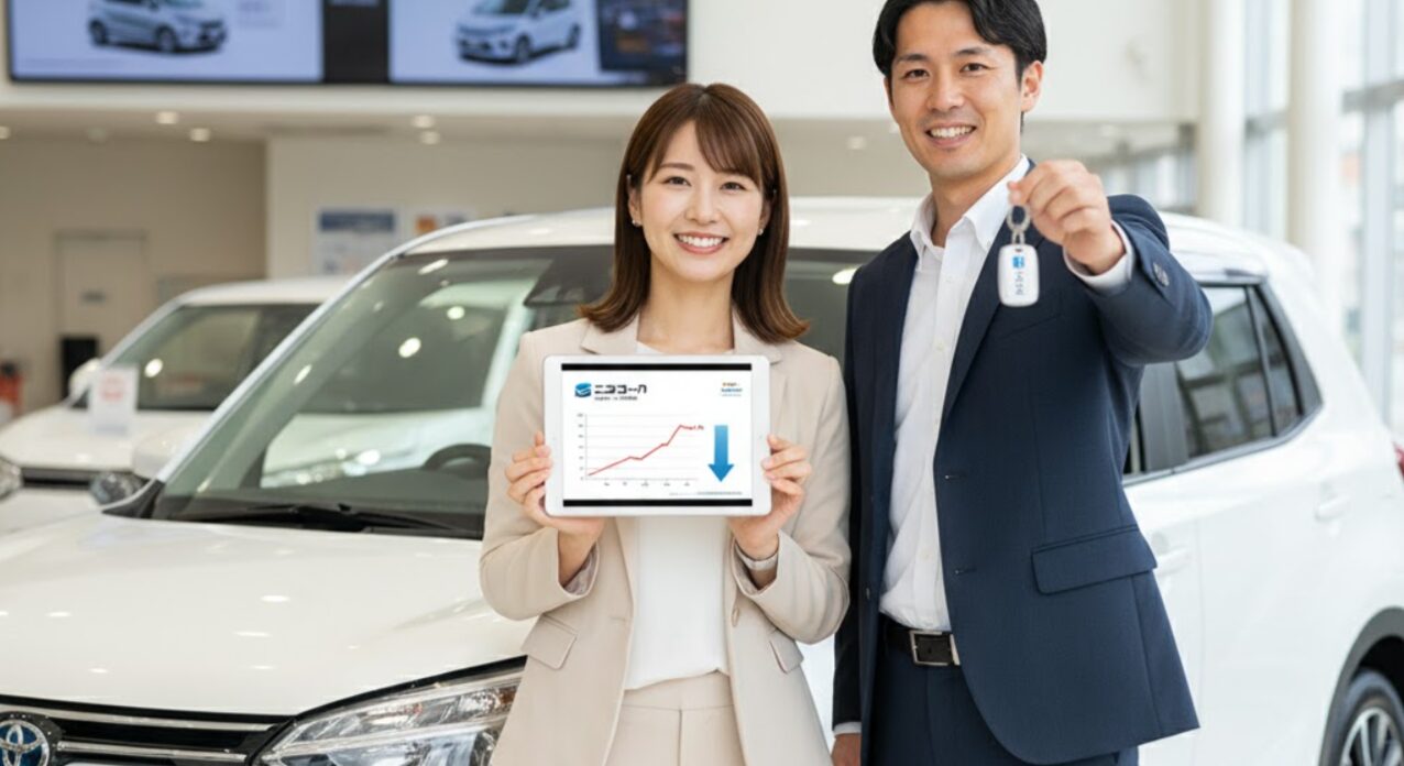 笑顔の男女がタブレットと車の鍵を持ち、新車の前でポーズをとっている。タブレットには「月々5,500円~」と表示され、カーリースの手軽さをアピールしている。