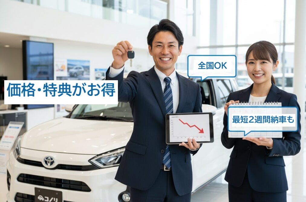 自動車ショールームで、男性が車のキーを掲げ、女性が「最短2週間納車も」と書かれたボードを持つ。男性の持つタブレットには、費用が下がるグラフが表示されている。