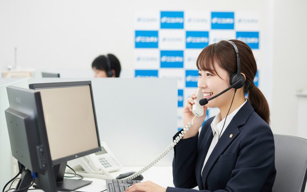 コールセンターで、笑顔の女性スタッフがヘッドセットを装着し、電話で顧客対応をしている。背後のモニターにはニコノリのロゴ