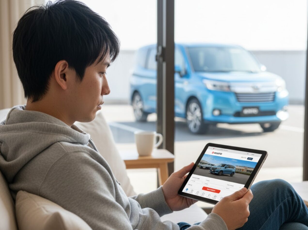 自宅のソファでリラックスしながら、タブレットでキントの公式サイトからルーミーの見積もりシミュレーションをしている日本人男性。背景には窓の外にルーミーが見える。