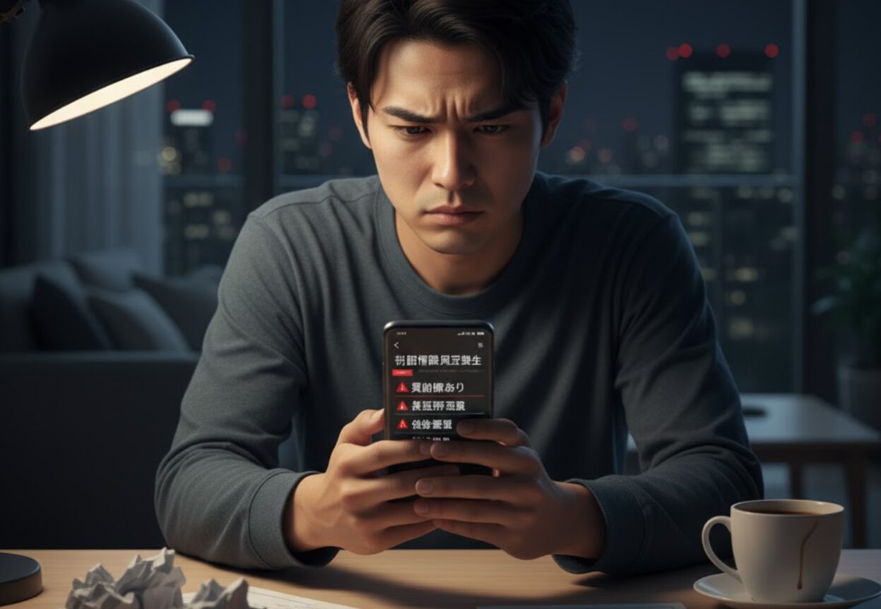 暗い部屋でスマートフォンを持ち、画面に表示された「長期延滞」「債務整理」「代位弁済」「強制解約」といった金融事故情報のリストを厳しい表情で見つめる日本人男性。
