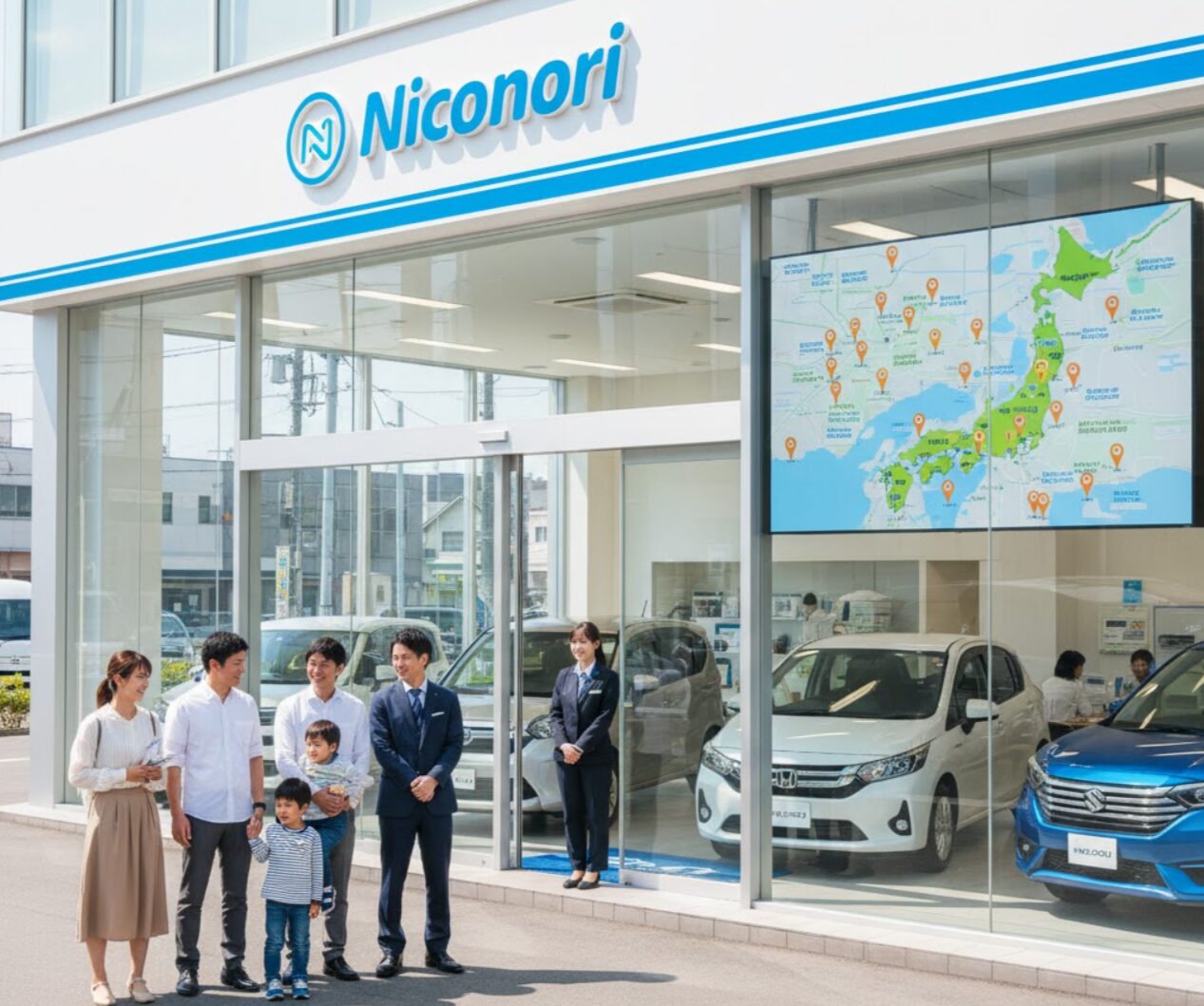 ニコノリのカーリース店舗前で、家族が日本人スタッフに迎えられている様子。店舗内には全国の店舗を示す日本地図が表示されている。