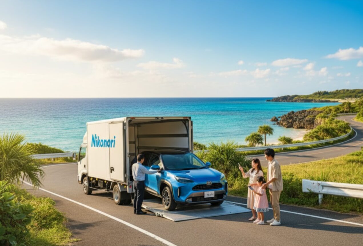 専門の陸送業者がニコノリの車を海沿いの家まで届けている様子。夫婦と子供が笑顔で車を受け取っている。