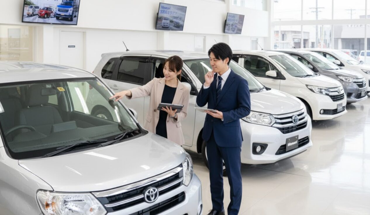 ニコノリの中古車店舗で、日本人男性客が女性スタッフから中古車の説明を受けている。多くのきれいな中古車が並んでいる。