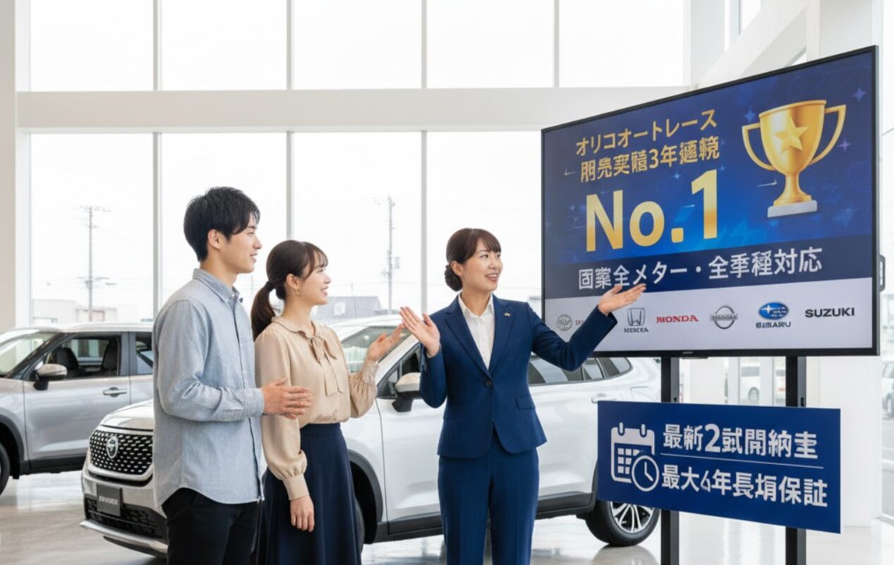 ニコノリのショールームで、日本人スタッフがカップルに「販売実績3年連続No.1」の実績とメリットを大型モニターで説明している。