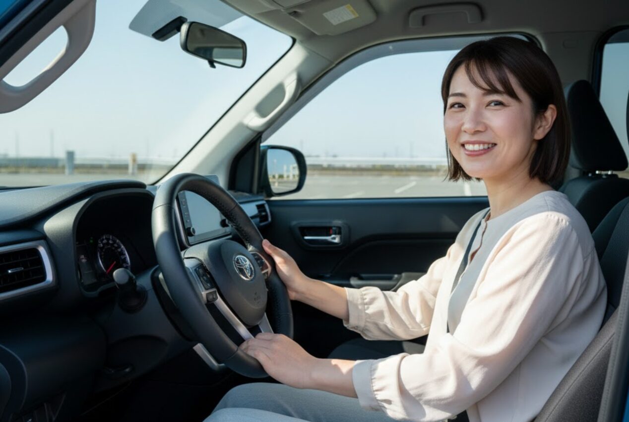 真新しいトヨタ ルーミーの運転席に座り、笑顔でハンドルを握る日本人女性。新車の香りと清潔感が伝わる室内。