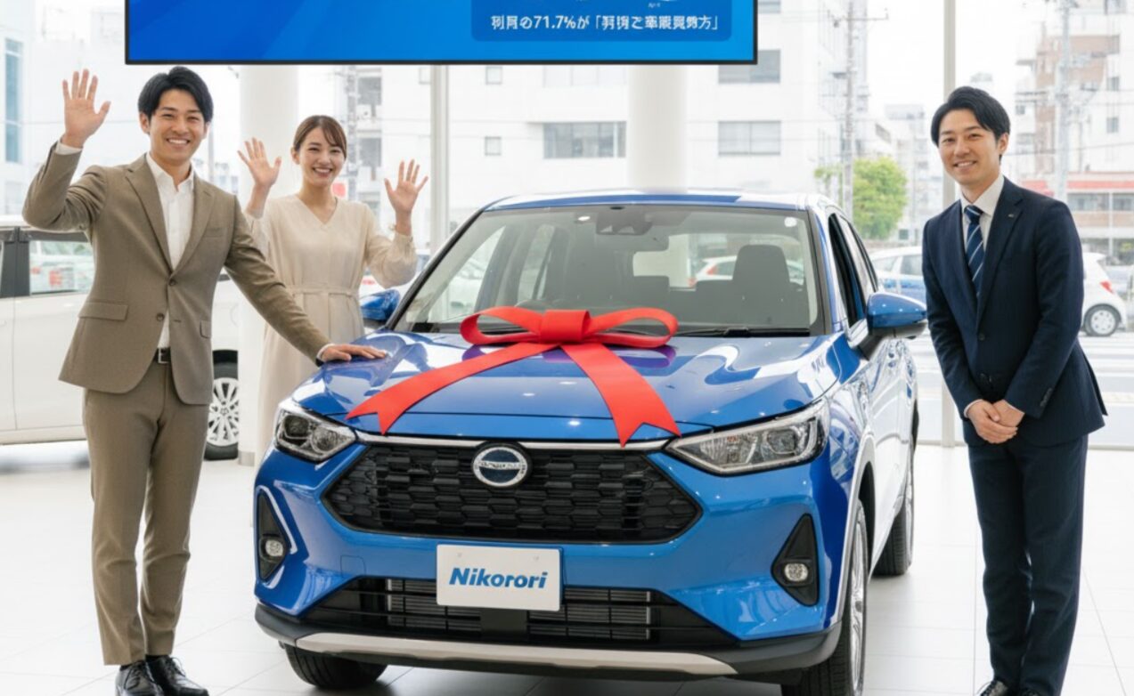 ニコノリのショールームで、新車を受け取った日本人夫婦が笑顔で手を振り、担当アドバイザーが隣で深くお辞儀をしている。モニターには顧客満足度調査の結果が示されている。