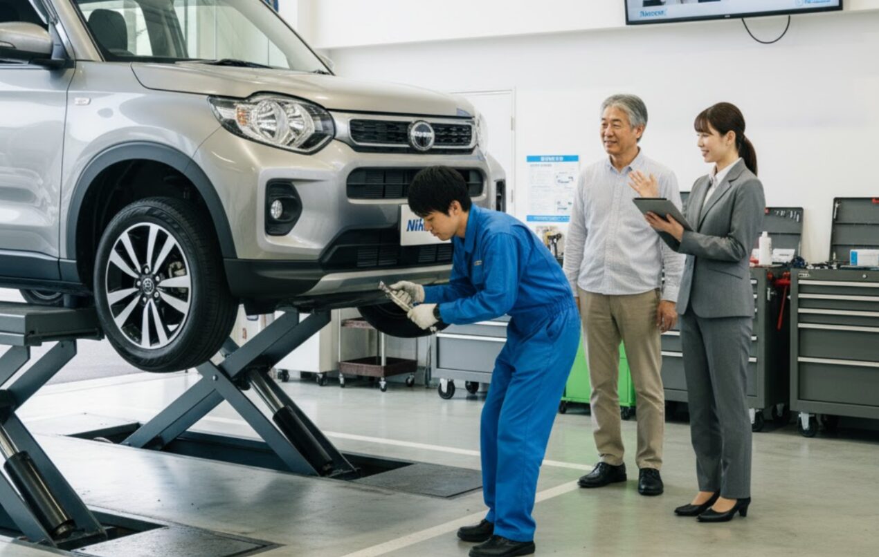 ニコノリの整備工場で、日本人整備士がリフトアップされた車の点検を行い、顧客と女性スタッフがその様子を見守っている。