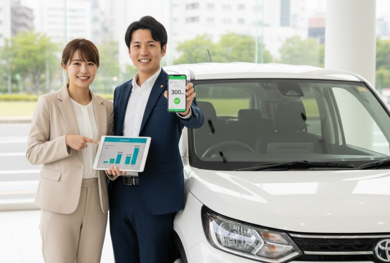 最新のカーリースサービス「エンキロ」のスマートな契約プロセスを説明する日本人ビジネスパーソン2名。一人がタブレットでグラフを見せ、もう一人がスマートフォンで走行距離を示すアプリ画面を表示している。背景にはクリーンでモダンな自動車ディーラーのショールームがあり、新車が展示されている。