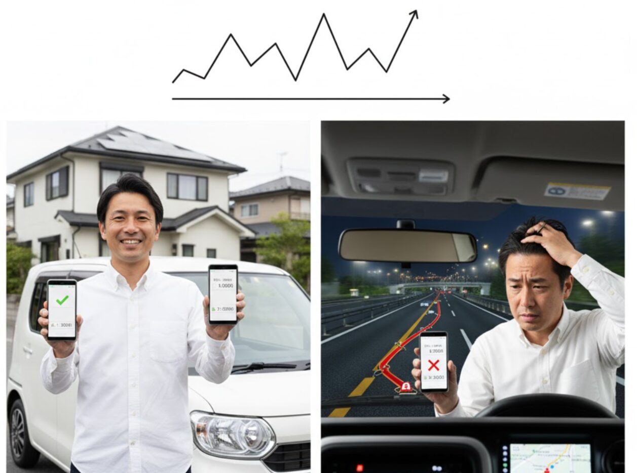 カーリース「エンキロ」の変動する月額料金システムを表現する比較画像。左側では、近所の短い走行を終えたばかりの日本人男性が少ない費用に満足している。右側では、同じ男性が長距離ドライブ後の予想外に高額になった請求に驚き、頭を抱えている。