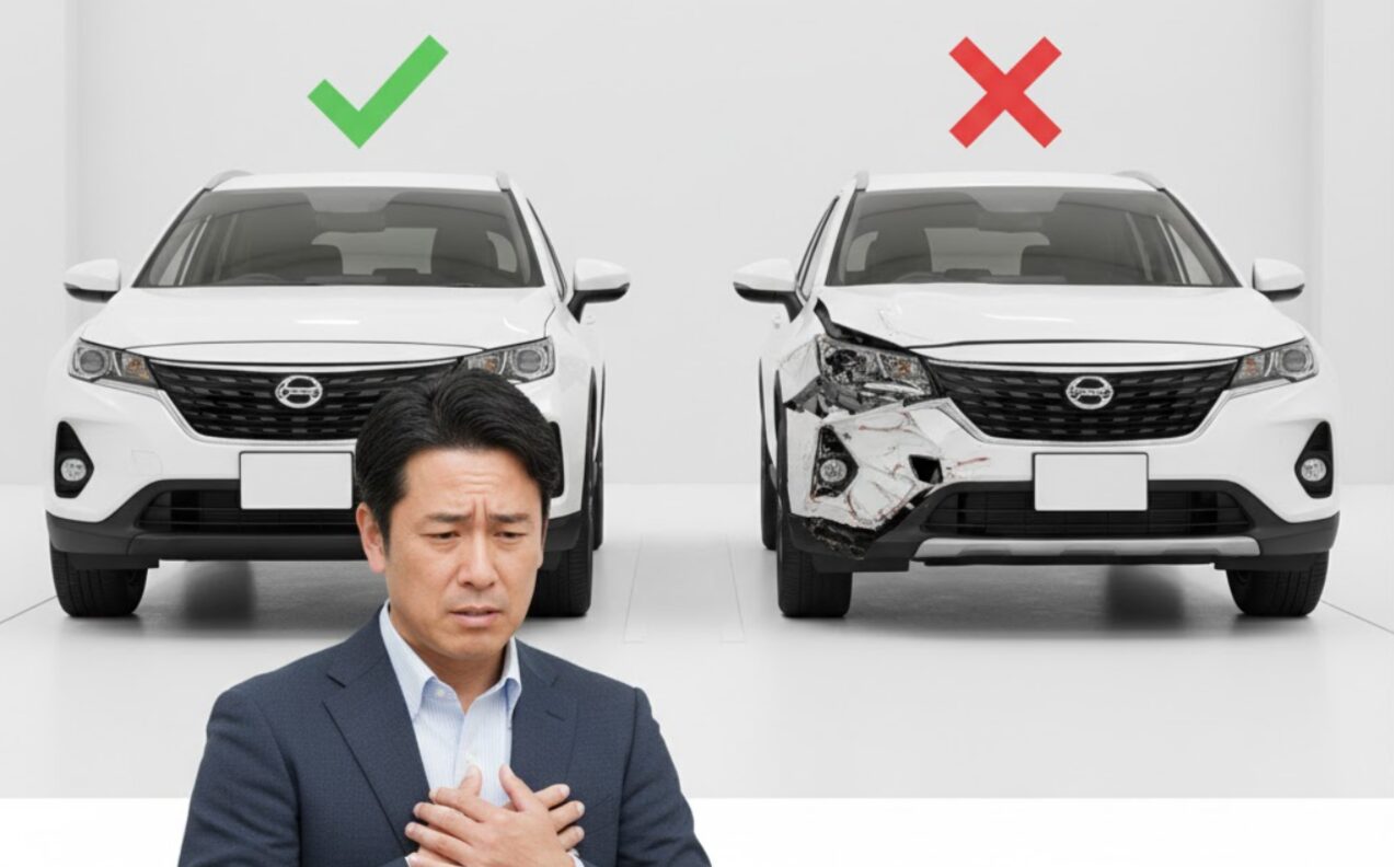 カーリース「エンキロ」のオープンエンド契約における残価精算リスクを視覚的に説明する日本人男性。男性の前にはきれいな状態の車と、目立つ傷や凹みがある損傷した車が並んでおり、車の状態によって生じる追加支払いの不安が男性の表情に表れている。