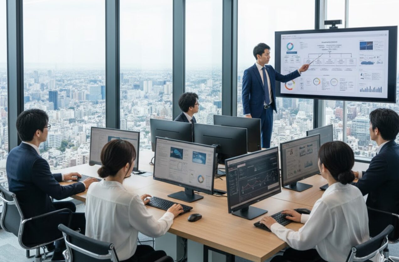 DRD4株式会社のモダンでハイテクなオフィスで、ガラス張りの窓から都市の風景を見下ろしながら会議を行う日本人ビジネスチーム。一人がスクリーンを指し示し、他のメンバーは各自のモニターを見つめており、フィンテック企業の革新性と信頼性を強調している。