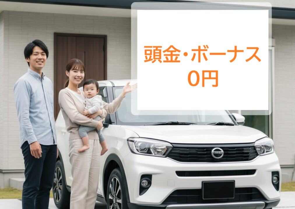 新しいカーリース「エンキロ」の初期費用無料という大きなメリットを示す日本人家族。笑顔の夫婦が赤ん坊を抱え、新車の前で立っている。画像には「初期費用0円、頭金なし」というテキストが重ねられ、スマートフォンのアプリ画面で低い月額料金が表示されている。