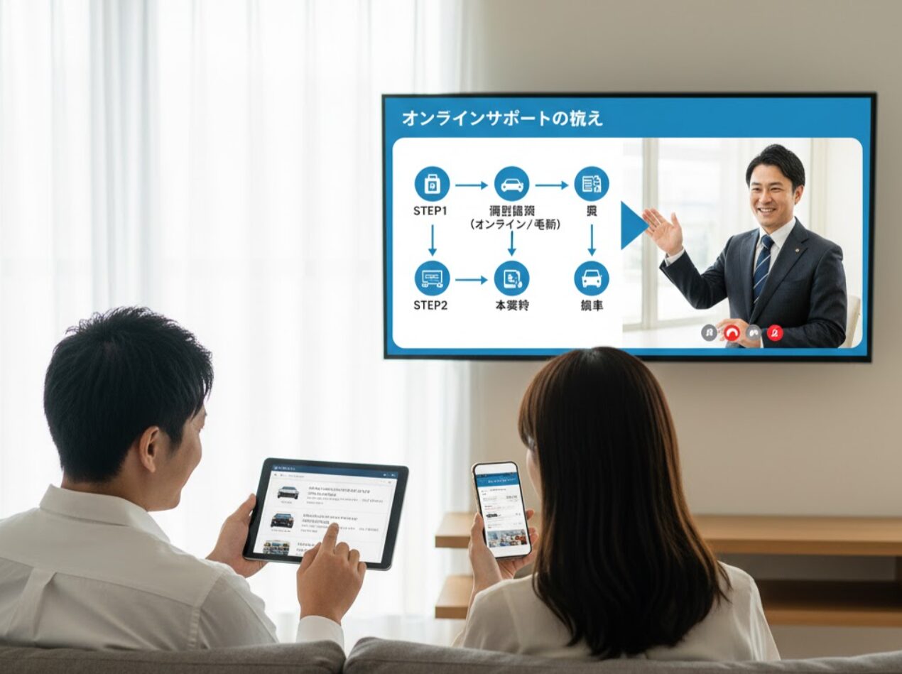 自宅でカーリース「エンキロ」のオンラインサポートを受ける日本人夫婦。男性はタブレットで車種を選び、女性はスマートフォンで情報を見ている。壁の大型テレビには、オンラインコンサルタントが申し込みから納車までの流れを説明する画面が表示されている。