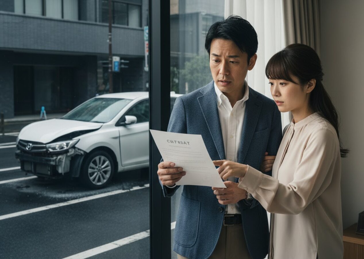 カーリース特有の中途解約リスクに備えることの重要性を表現する日本人夫婦。夫が重要な契約書類を広げ、妻が不安そうにその肩に手を置いている。背景には修理が必要な状態の車がぼかしで示されており、専用保険による安心感が伝わるように、対比構造で描かれている。