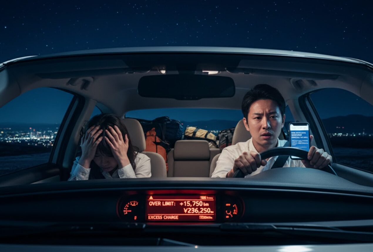 カーリースの走行距離制限を超過し、契約満了時の追加料金に不安を感じるドライバーの様子