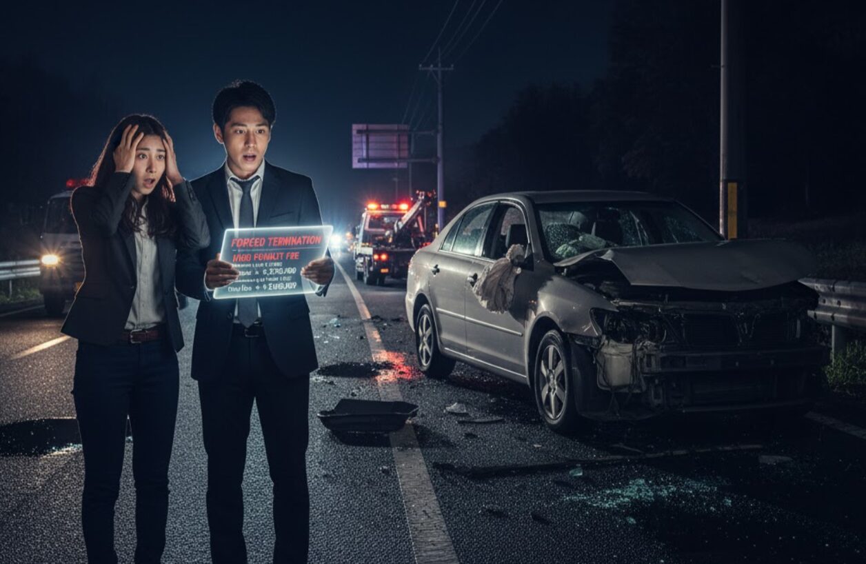 カーリース車両が全損事故を起こし、強制解約と高額な違約金(残債)を請求されるリスクを示す場面