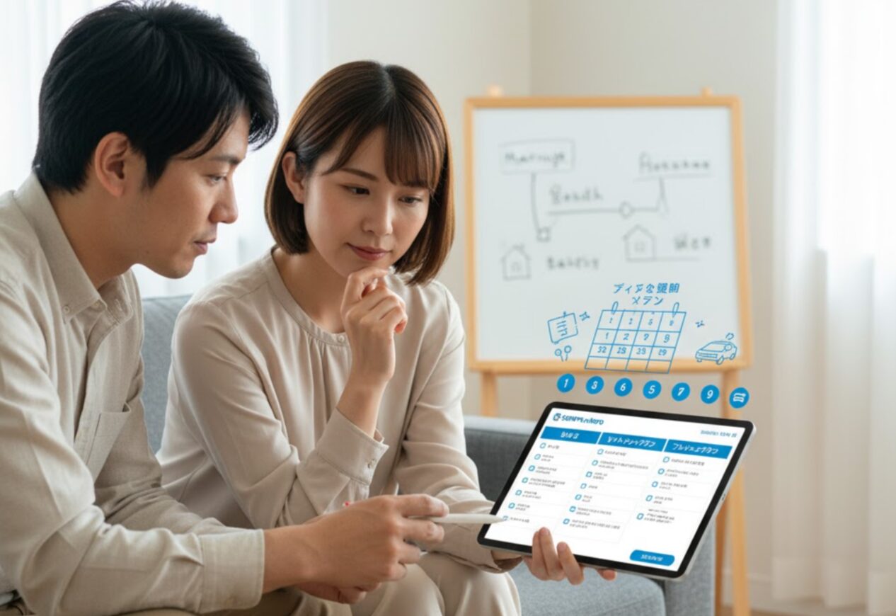 リビングのソファでタブレットを囲んで座るアジア人夫婦。夫が指でタブレット画面を指し示し、妻は画面を真剣に見ている。タブレットにはSOMPOで乗ーるのプラン選択画面が表示されており、その上には契約期間とメンテナンスプランを示すホログラムのようなアイコンが浮かんでいる。