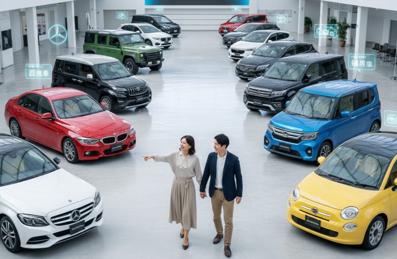 広々としたショールームで、様々な国産車と輸入車が展示されている。中央には手をつなぎ、笑顔で車を指差すアジア人夫婦が歩いている。背景の大きなスクリーンには「SOMPOで乗ーる カーリース」と表示されている。