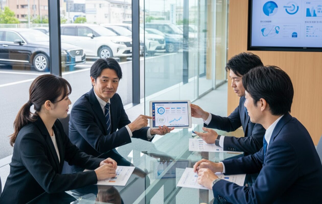 明るい会議室で、3人の男性と1人の女性のアジア人ビジネスパーソンがテーブルを囲んで会議をしている。中央の男性がタブレットを指し示し、他のメンバーに説明している。窓の外には複数の車両が駐車しているのが見える。