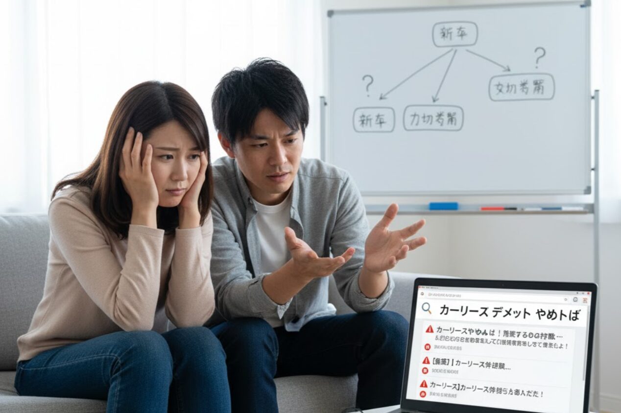 リビングのソファで、パソコン画面を見て困惑しているアジア人夫婦。妻は頭を抱え、夫は不安そうな表情で手振りで説明している。パソコンの画面には「カーリース デメリット やめとけ」という検索結果が表示されている。