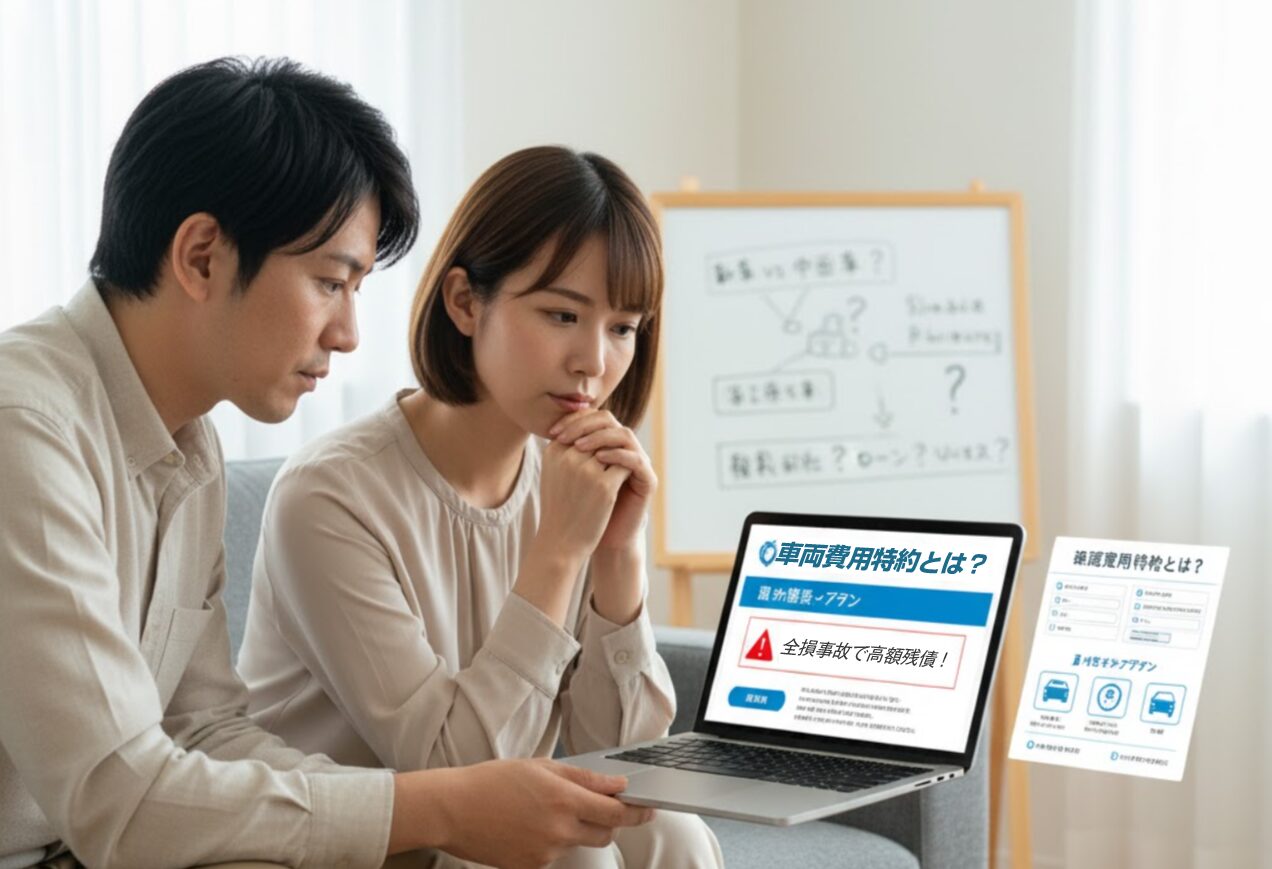 ビングでノートパソコンを見て真剣な表情のアジア人夫婦。パソコン画面には「車両費用特約とは?」というタイトルと「全損事故で高額残債!」という警告が表示されており、その横に特約の詳細を示すホログラムが表示されている。