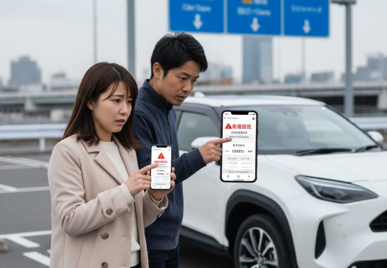 タイムズカーシェアの料金アプリを見て驚く日本の若いカップル。車の横でスマホ画面に表示された予期せぬ高額な請求に困惑している様子。