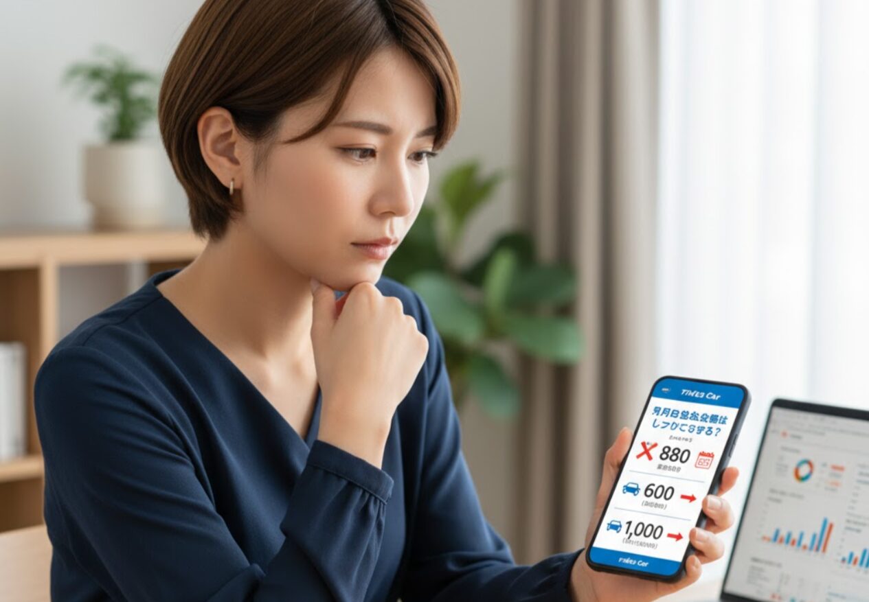自宅でタイムズカーシェアのアプリを見ながら、基本料金と利用料金の仕組みについて考える日本の若い女性。スマホ画面には「月額基本料金はいつどうなる?」という疑問と料金シミュレーションが表示されている。