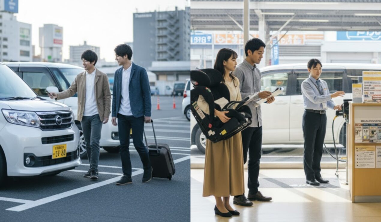 タイムズカーシェアとレンタカーの利用シーンを比較する分割画像。左側では若い男性二人がカーシェアの車に乗り込もうとしており、右側では日本のカップルがレンタカーカウンターでチャイルドシートを借りている。