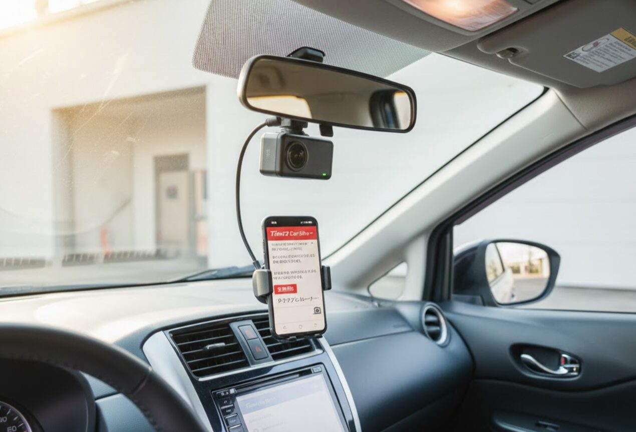 タイムズカーシェア車両の運転席からの視点。フロントガラス上部に設置されたドライブレコーダーと、スマートフォンホルダーに表示されたタイムズカーシェアの予約画面が写っている。車内は清潔に保たれている。