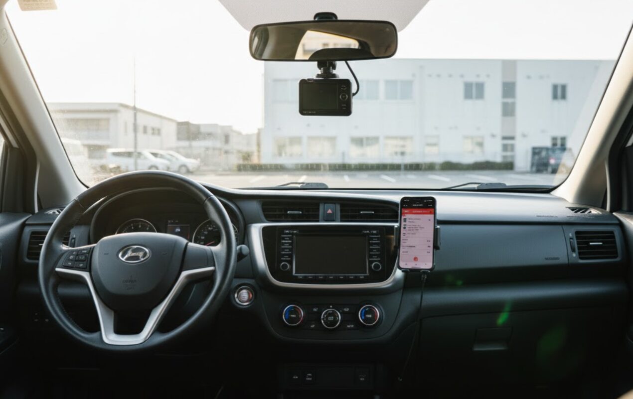 タイムズカーシェア車両の車内、前方座席からダッシュボードとフロントガラス方向を捉えた広角の視点。中央に設置されたドライブレコーダーが前方のみを向いている様子が確認できる。