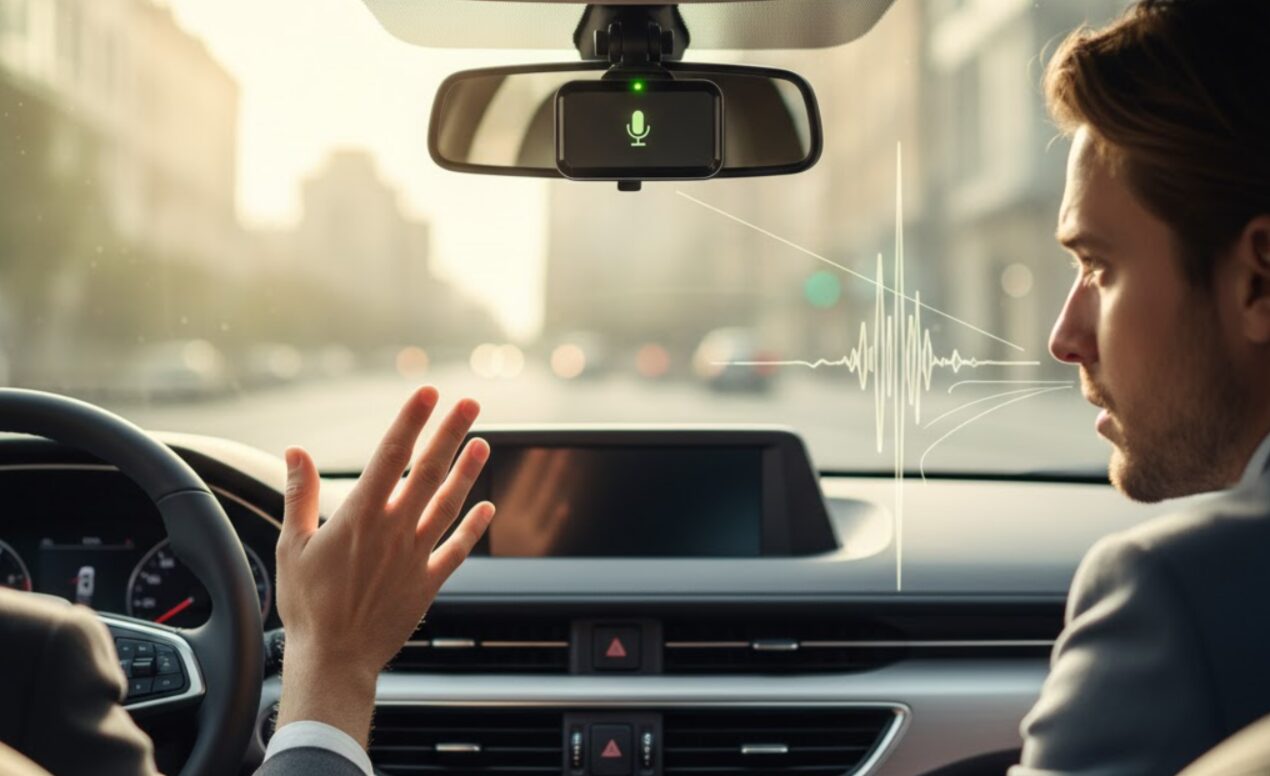 タイムズカーシェアの車内で運転手と乗客が会話している様子。バックミラーに付いているドライブレコーダーが緑色に光り、音声が録音されていることを示すアイコンと波形が描かれている。