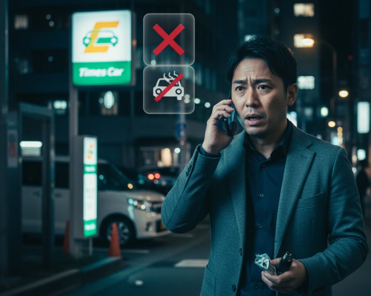 夜のタイムズカーのステーション前で、困惑した表情の男性が電話で話している。片手には電子タバコを持っており、背景には「禁煙」と「利用停止」を意味するアイコンが浮かび上がっている。