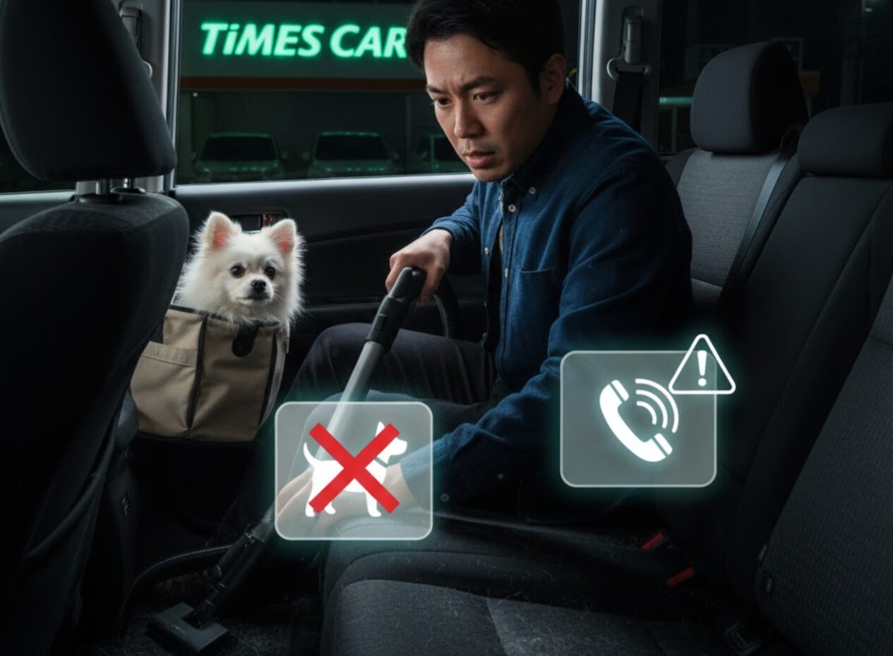 タイムズカーシェアの車内で、男性が慌てた様子でペットの毛を掃除機で吸い取っている。後部座席にはペットキャリーに入った白い犬がおり、男性の横には「ペット禁止」と「警告」のアイコンが光っている。