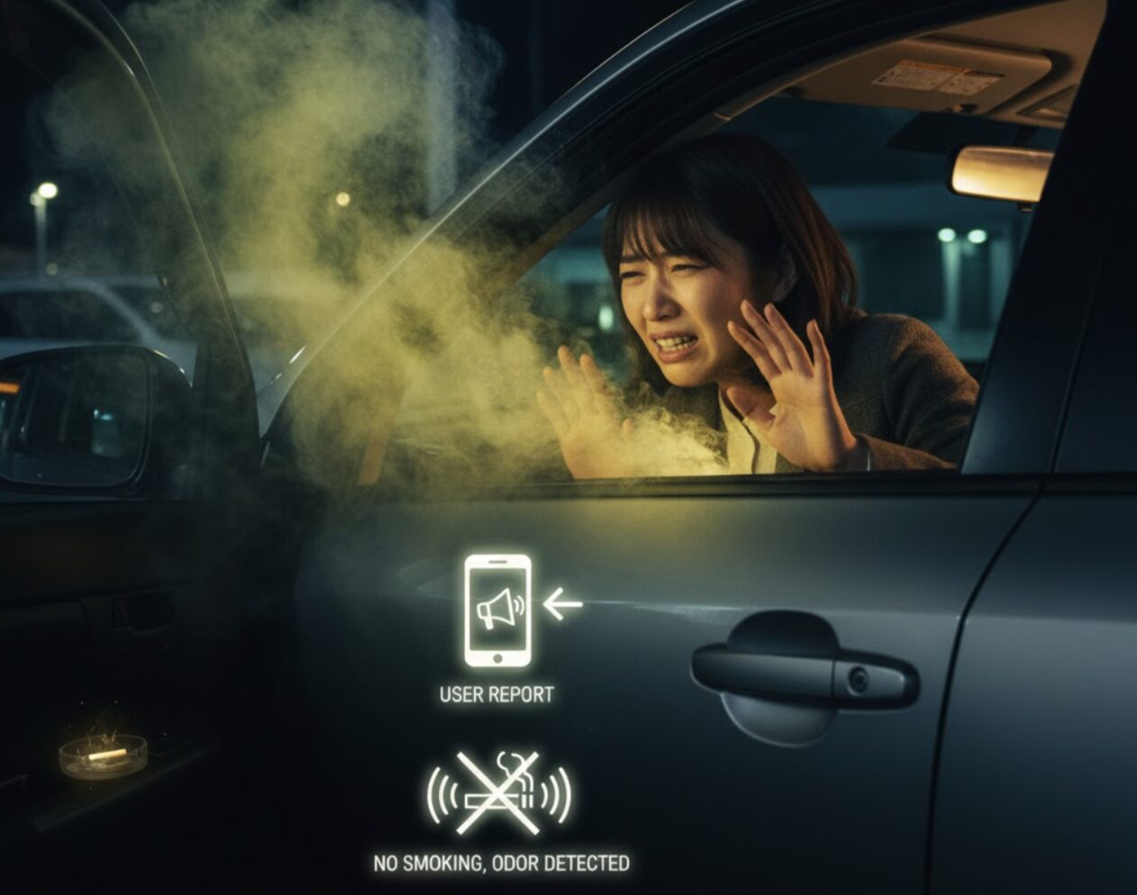タイムズカーシェア車両のドアを開けた女性が、車内から立ち込めるタバコの煙と異臭に顔をしかめている。車のドアポケットには吸い殻が確認でき、「ユーザーからの通報」と「喫煙検出」の警告アイコンが重なっている。