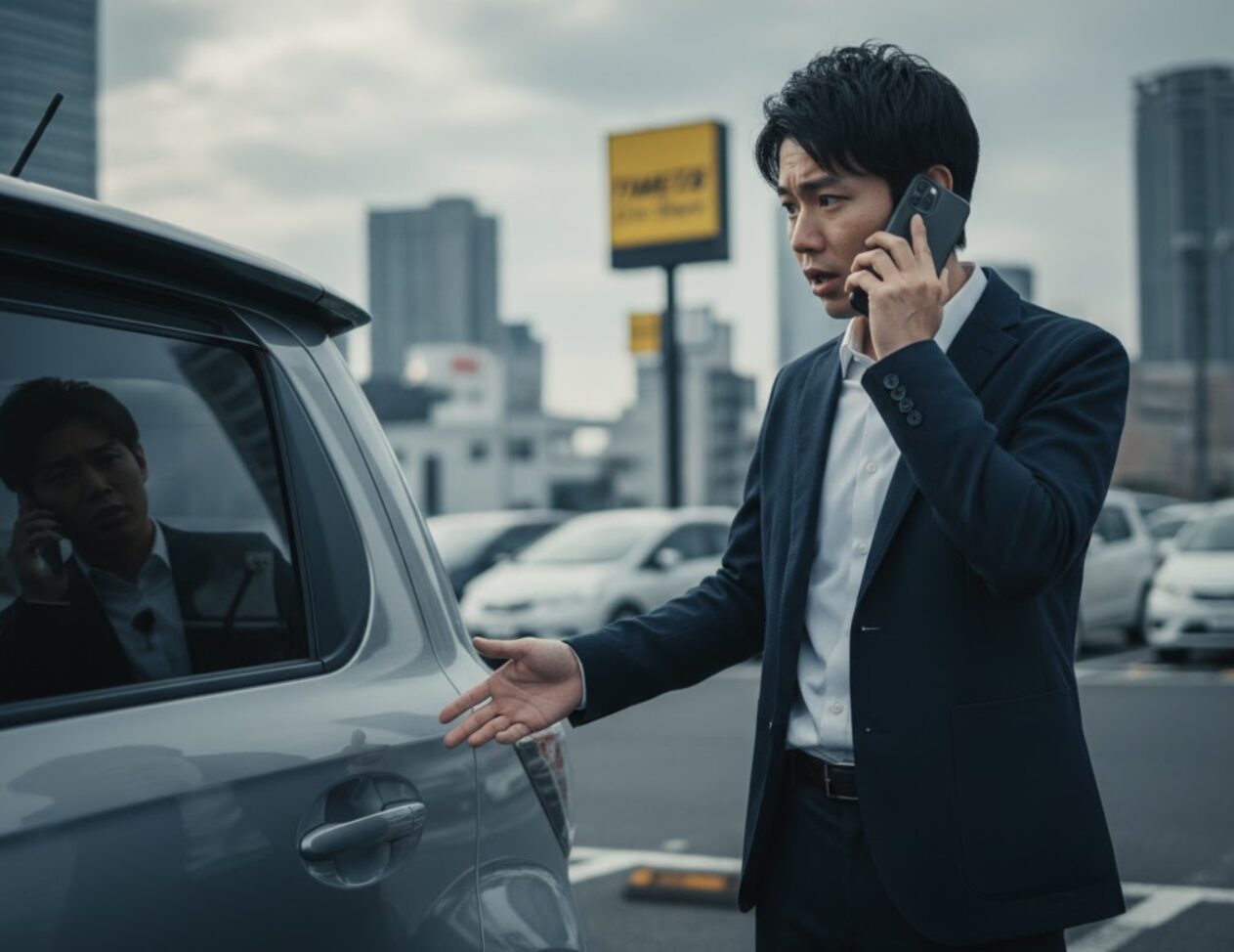 タイムズカーシェアの車両の横で、困惑した表情でスマートフォンで電話しているスーツ姿の日本人男性。背景には都会の駐車場が広がる。