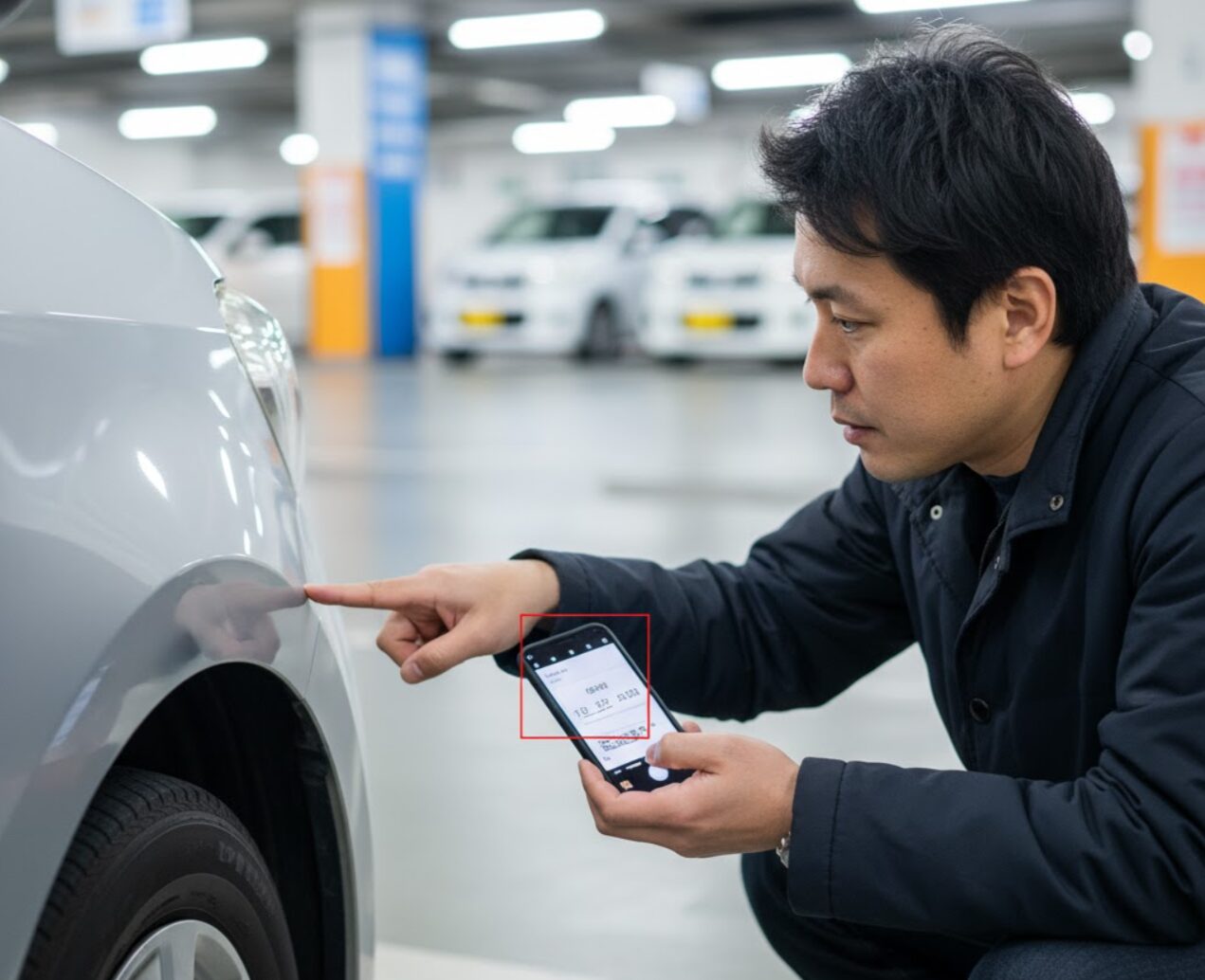 駐車場でカーシェア車両の側面にできた傷をスマートフォンで撮影している日本人男性。