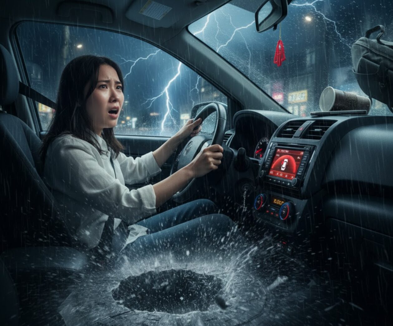悪天候の中、運転中に急な衝撃で驚く日本人女性ドライバー。車内には水しぶきが上がり、ダッシュボードのディスプレイには警告が表示されている。