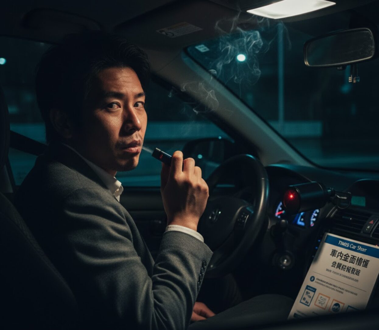 夜の車内で加熱式タバコを吸っているスーツ姿の日本人男性。車内には煙が漂い、ダッシュボードにはタイムズカーシェアの禁止事項を記した書類が置かれている。
