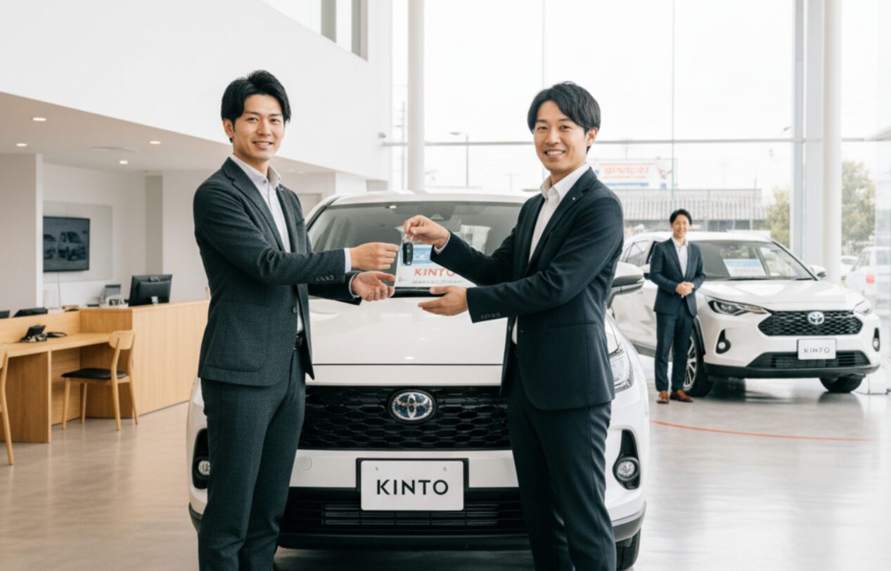 日本人のビジネスマンが新車のキーを笑顔で手渡し、別のビジネスマンがそれを受け取っている様子。背景には高級感のあるディーラーのショールームが広がり、契約終了時のスムーズな車両返却と、新しい車への乗り換えまたはサービス終了の選択肢を示唆している。