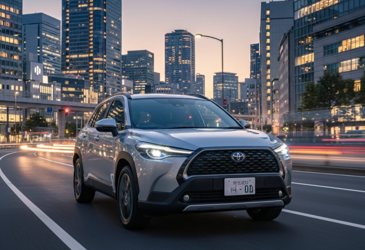 夕暮れの都会の通りを走るシルバーのカローラクロス。洗練されたデザインが、日本の都市風景に自然に溶け込んでいる。