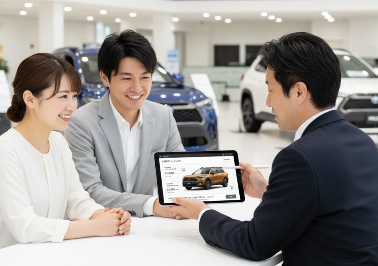 タブレットでKINTOの料金シミュレーション画面を見ながら、カローラクロスの月額費用について説明している日本人男性。