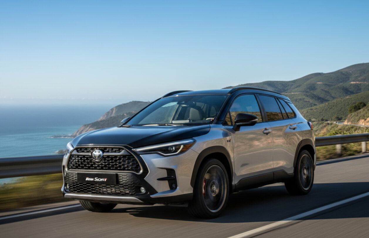 晴れた日のワインディングロードを、躍動感あふれる姿で駆け抜けるカローラクロスGRスポーツ。スポーティな走りを強調。