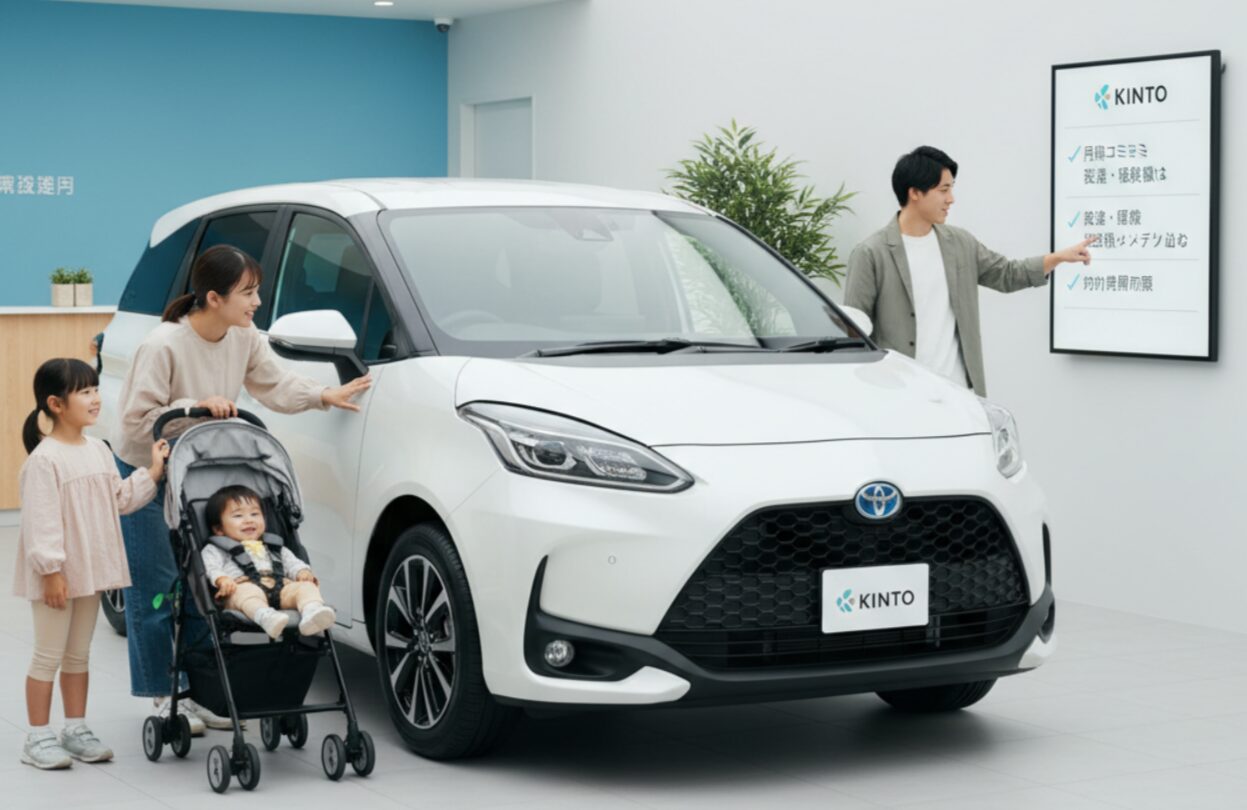 KINTOのショールームで白いシエンタを見学する若い日本人家族。父親がディスプレイを指差し、母親と子供2人が車の近くに立っている。