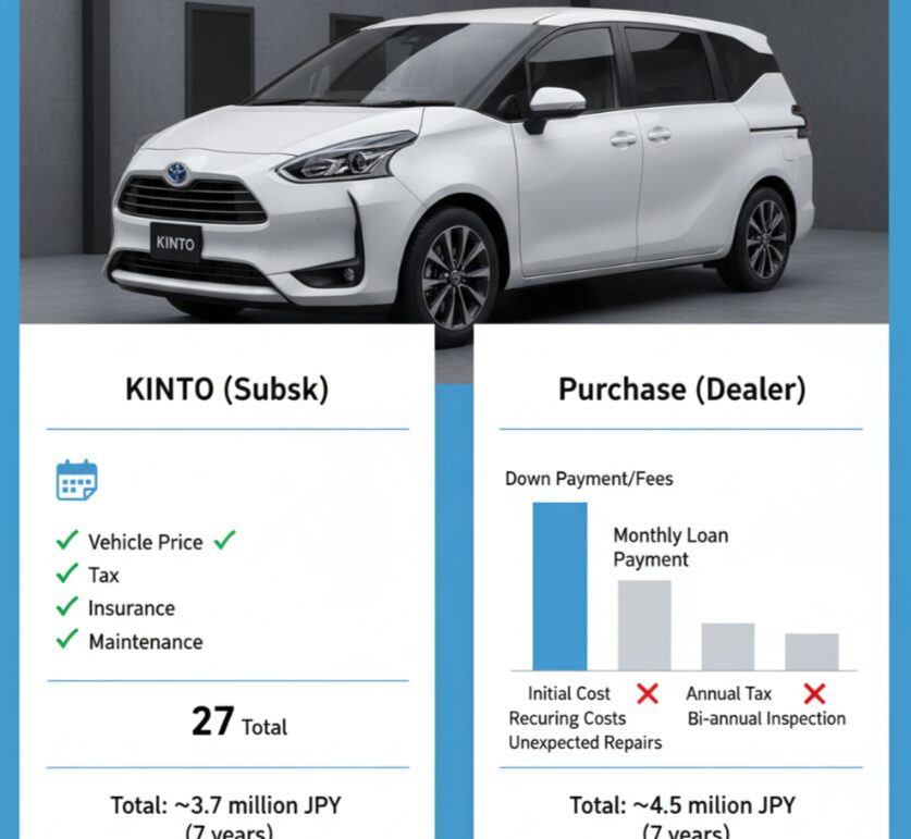 KINTOのサブスクリプションとディーラー購入の総額を比較したグラフ。白いシエンタが上に表示され、それぞれの費用内訳が示されている。