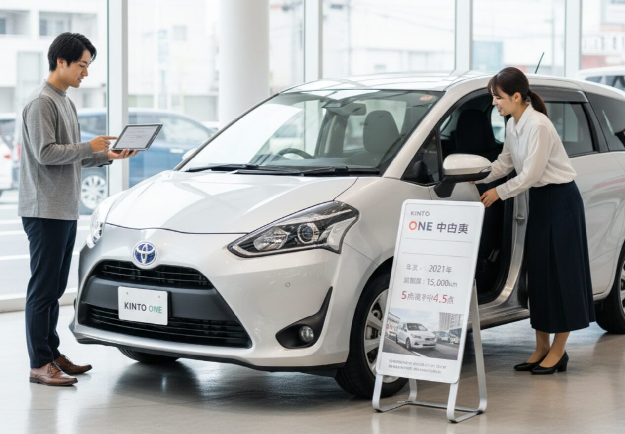 KINTO ONEの中古シエンタを検討する若い日本人夫婦がディーラーでシルバーの車を見ており、男性はタブレットを操作し、女性は車のドアを開けている。