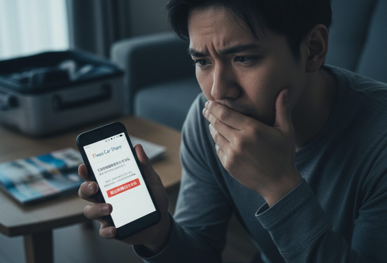 タイムズカーシェアの退会取り消し不可の通知がスマートフォンに表示され、困惑した表情の日本人男性。