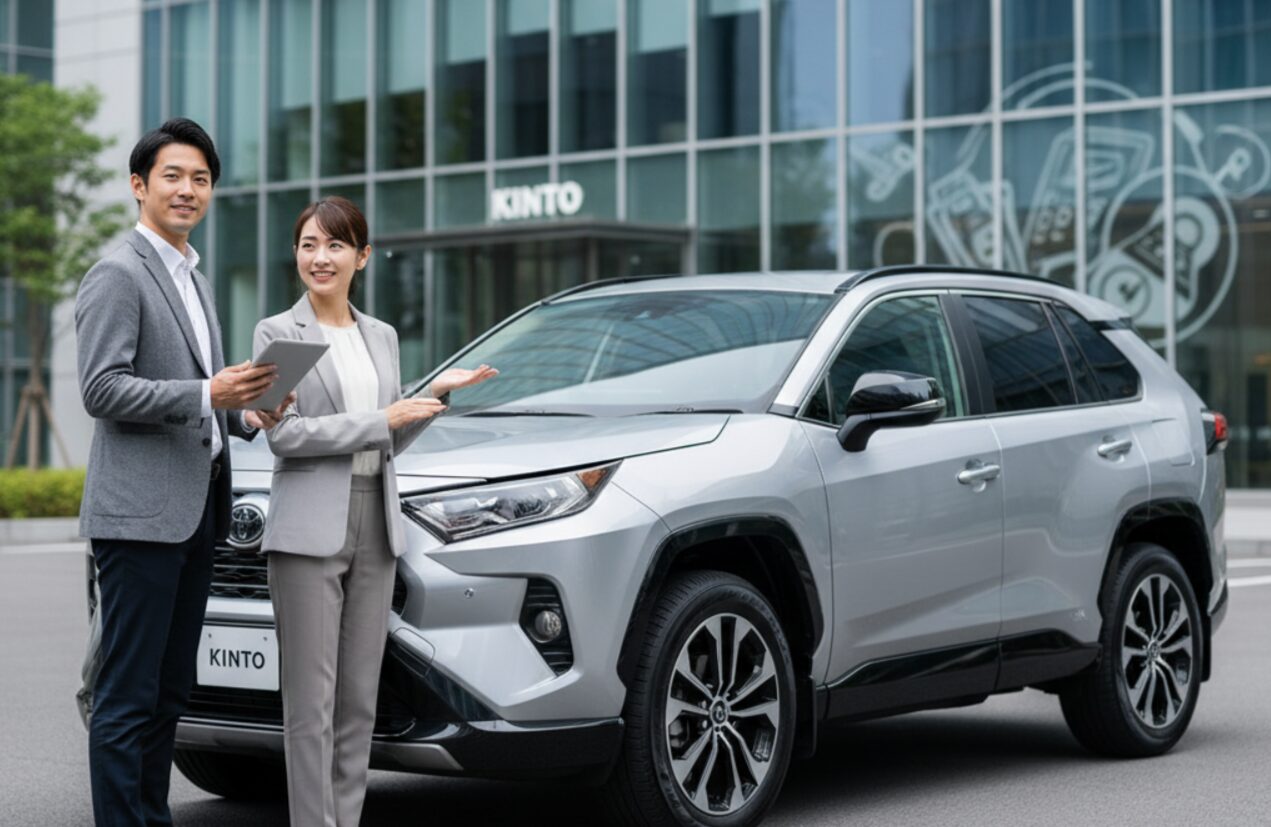 KINTOのロゴが入ったモダンなビルディングの前で、スーツ姿の男女が新型SUVのトヨタRAV4を紹介している。男性はタブレットを持ち、女性は車を指し示している。