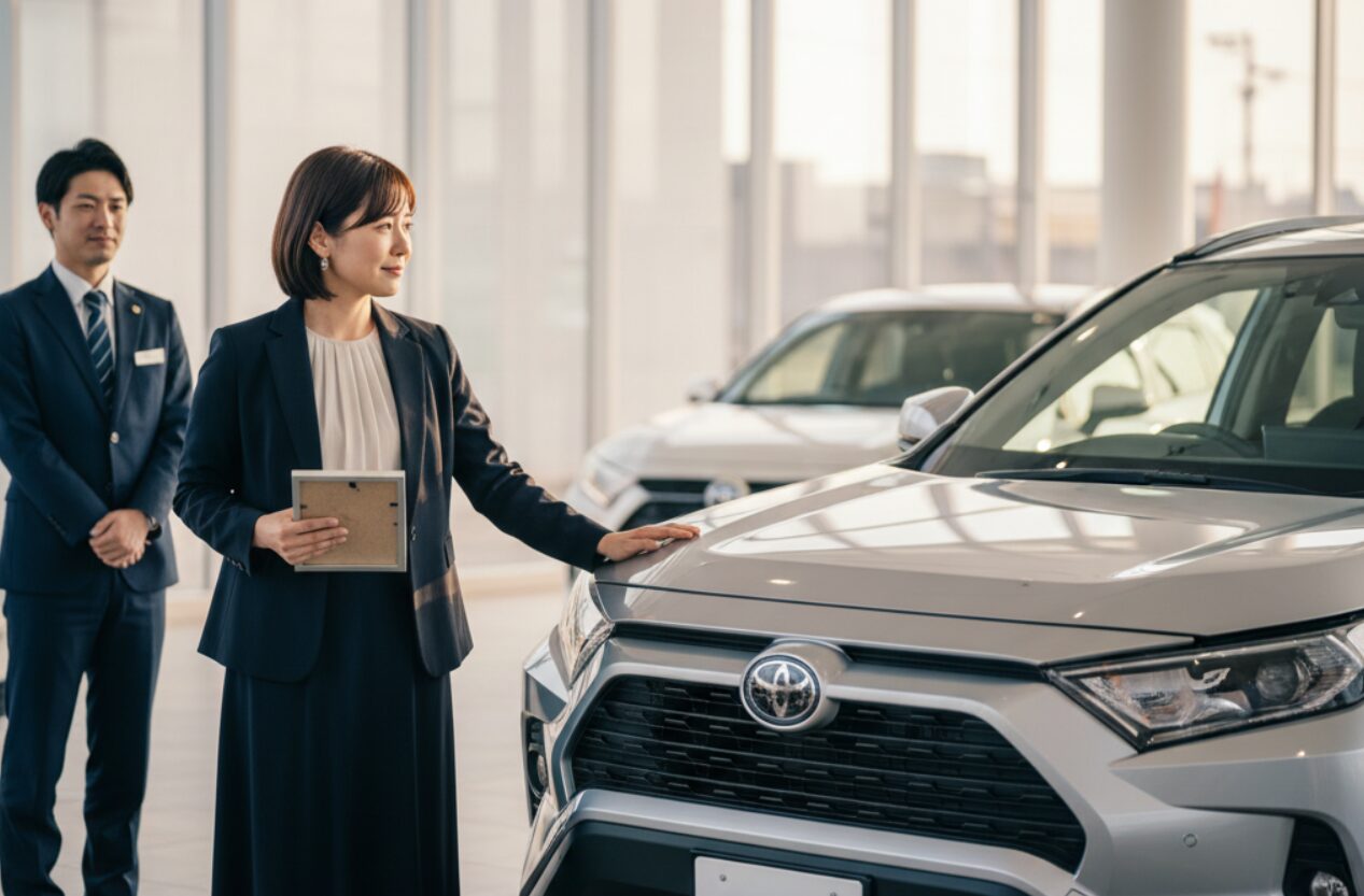 自動車ディーラーのショールームで、女性客が新型車に触れ、その車の所有について検討している様子。男性の営業担当者が隣に立っている。